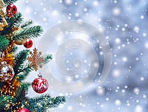 Christmas tree background and Christmas decorations with snow, blurred, sparking, glowing.