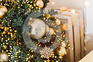 Christmas tree background and Christmas decorations with snow, blurred, sparking, glowing.