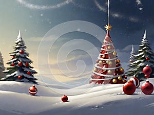 Christmas tree background and Christmas decorations with snow, blurred, sparking, glowing. Happy New Year and Xmas