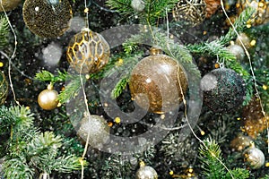 Christmas tree background. Cloce-up Beautiful Christmas tree with decor as background.