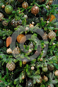 Christmas tree background. Cloce-up Beautiful Christmas tree with decor as background.