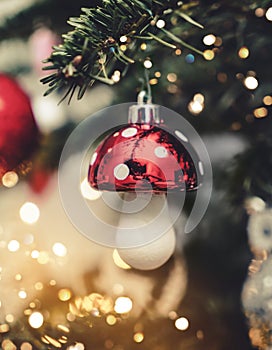 Christmas tree background and Christmas decorations with bokeh, blurred, sparking, glowing. Happy New Year and Xmas card