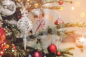 Christmas tree background and Christmas decorations with bokeh, blurred, sparking, glowing. Happy New Year and Xmas card