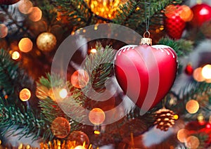 Christmas tree background and Christmas decorations with snow, blurred, sparking, glowing.