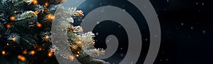 Christmas tree background with illuminated garland and snow. Merry Xmas card with lights and tree branches. Generative Ai