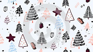 Christmas tree background ornaments, Winter evegreen fir branch pine tree seamless geometric pattern. Doodle sketch simple art.