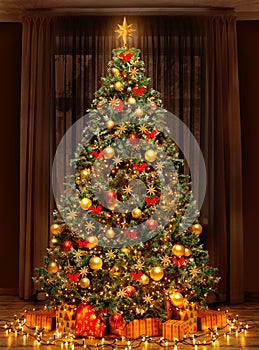 Christmas Tree Background. Xmas Tree decorated with Golden Balls, Red Ribbon, shining Lights and Star in Home Room Interior