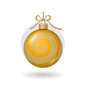 Christmas tree ball with gold ribbon bow. Golden bauble decoration, isolated on white background. Symbol of Happy New