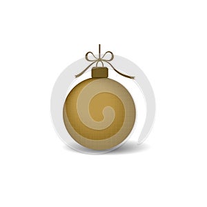 Christmas tree ball with gold ribbon bow. Golden bauble decoration, isolated on white background. Symbol of Happy New