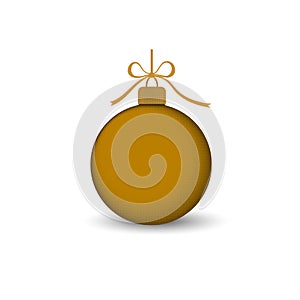 Christmas tree ball with gold ribbon bow. Golden bauble decoration, isolated on white background. Symbol of Happy New