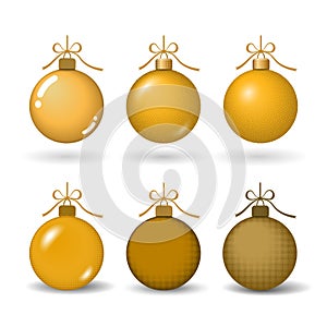 Christmas tree ball with gold ribbon bow. Golden bauble set decoration, isolated on white background. Symbol of Happy