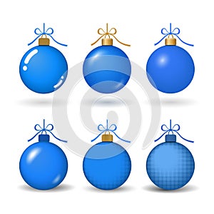 Christmas tree ball with ribbon bow. Blue bauble set decoration, isolated on white background. Symbol of Happy New Year