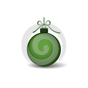 Christmas tree ball with ribbon bow. Green bauble decoration, isolated on white background. Symbol of Happy New Year