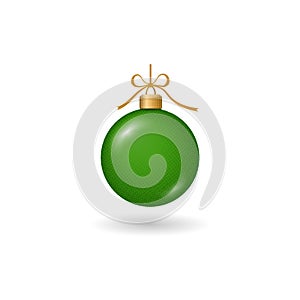 Christmas tree ball with ribbon bow. Green bauble decoration, isolated on white background. Symbol of Happy New Year