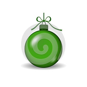 Christmas tree ball with ribbon bow. Green bauble decoration, isolated on white background. Symbol of Happy New Year