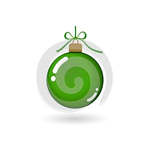 Christmas tree ball with ribbon bow. Green bauble decoration, isolated on white background. Symbol of Happy New Year