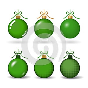 Christmas tree ball with ribbon bow. Green bauble set decoration, isolated on white background. Symbol of Happy New Year