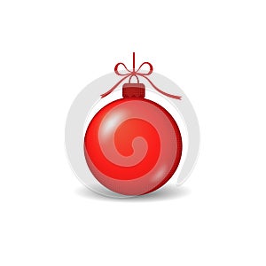 Christmas tree ball with ribbon bow. Red bauble decoration, isolated on white background. Symbol of Happy New Year, Xmas