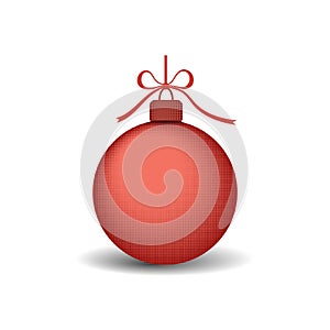 Christmas tree ball with ribbon bow. Red bauble decoration, isolated on white background. Symbol of Happy New Year, Xmas