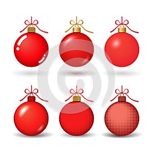 Christmas tree ball with ribbon bow. Red bauble set decoration, isolated on white background. Symbol of Happy New Year