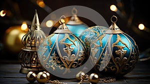 Christmas tree balls for Christmas tree closeup in blue and gold tones. Festive Christmas card, wallpaper for desktop