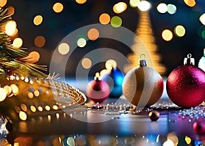 Christmas tree balls decoration on reflective ground background