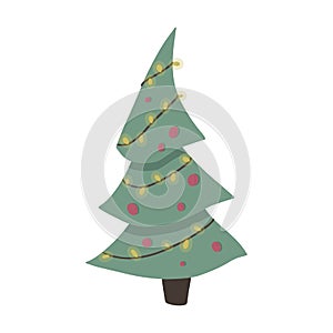 Christmas tree with balls and a garland. Vector illustration in cartoon style. Isolated on white background