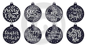 Christmas tree balls lettering. Merry Christmas and Happy New Year winter holidays greeting quotes vector illustration