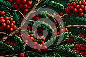 Christmas tree banches and red berries background, digital illustration painting