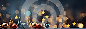 Christmas Tree With Baubles And Blurred Shiny Lights banner with text space