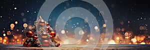 Christmas Tree With Baubles And Blurred Shiny Lights banner with text space