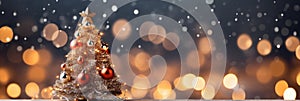 Christmas Tree With Baubles And Blurred Shiny Lights banner with text space