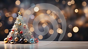 Christmas Tree With Baubles And Blurred Shiny Lights banner with text space