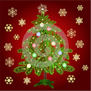 Christmas tree with baubles and gold snowflakes vector