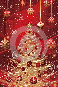 Christmas tree with baubles and snowflakes on red background.