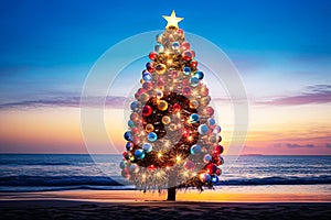 Christmas tree on the beach at sunset. Christmas and New Year holidays concept.