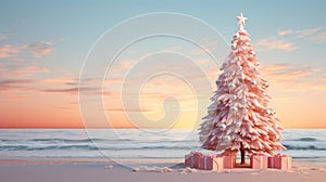 Christmas Tree on Beach, Winter Holiday Vacation, merry Christmas, copy space, greeting card