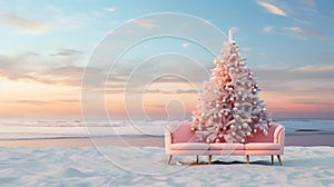 Christmas Tree on Beach, Winter Holiday Vacation, merry Christmas, copy space, greeting card