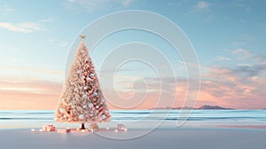 Christmas Tree on Beach, Winter Holiday Vacation, merry Christmas, copy space, greeting card