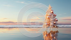 Christmas Tree on Beach, Winter Holiday Vacation, merry Christmas, copy space, greeting card
