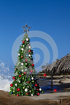 Christmas Tree On Beautiful Tropical Beach Thatched Palm Palapa