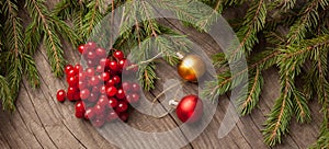 Christmas tree with berry and decorations on wooden background