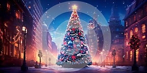 Christmas tree in a big city with bright decorations and lights. Generative AI