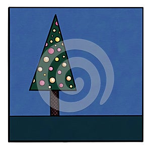 Christmas tree with black lines and watercolor coloring