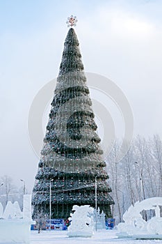 Christmas tree with the blazon of Krasnoyarsk on its top at minus 40 centigrade. photo