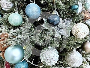 A Christmas Tree with Blue and Silver Decorations