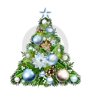 Christmas tree with blue and silver decorations. Vector illustration.