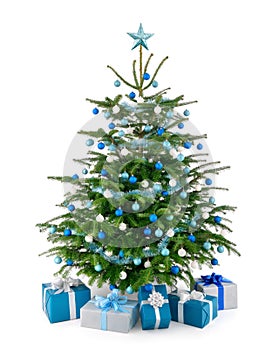 Christmas tree in blue and silver with gift boxes