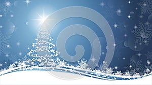 Christmas tree on Blue and White background. Sparkling Christmas tree as symbol of Happy New Year and Merry Christmas holiday