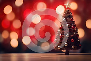 Christmas tree with bokeh background. Christmas and New Year concept, Christmas Tree With Ornament And Bokeh Lights In Red
